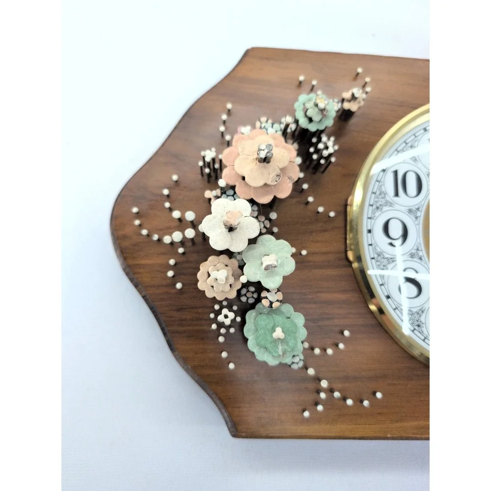 Pol-O-Craft Wall Clock Brown Vintage 1975 Nails In Bloom Floral NailArt 451-1